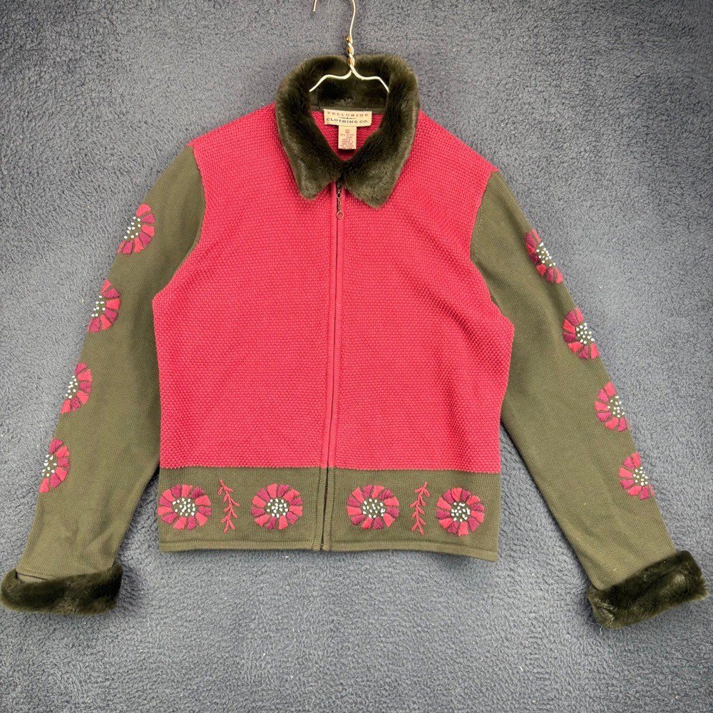 Telluride Clothing Co Womens XL Vintage Floral Embroidered Faux Fur Sweater